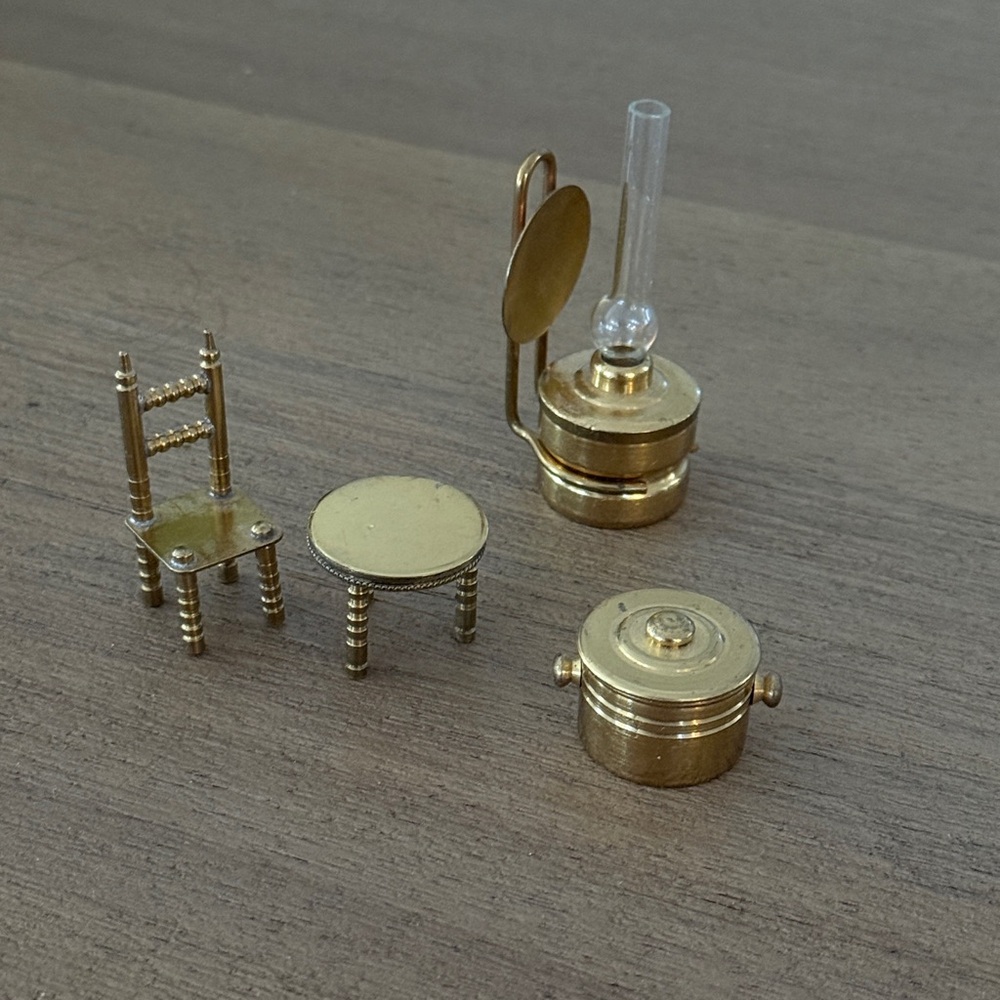 Brass Miniature Set — Chair, Table, Oil Lamp & Lidded Pot